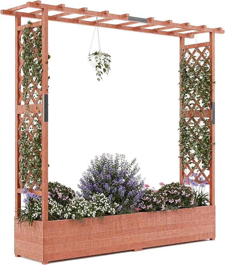 Raised Garden Bed with Trellis Wood Planter Box with Hanging Roof Side Trellis 4 Drainage Holes Elevated Garden Bed for Outdoor Climbing Plants Vines Patio 77.2''x17.3''