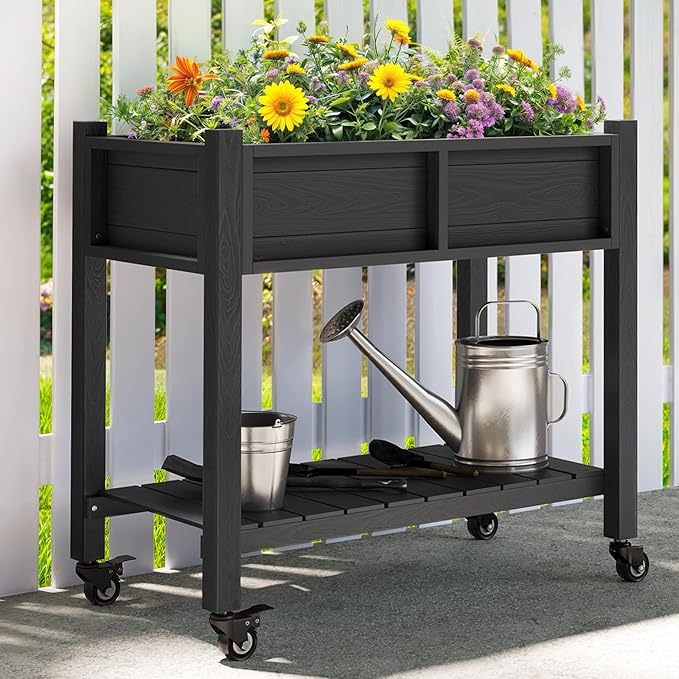 YITAHOME Raised Garden Bed HIPS Poly Wood Elevated Planter Box with Shelf &amp Wheels for Mobility Small Flower Box Stand for Patio Balcony Garden Backyard Black