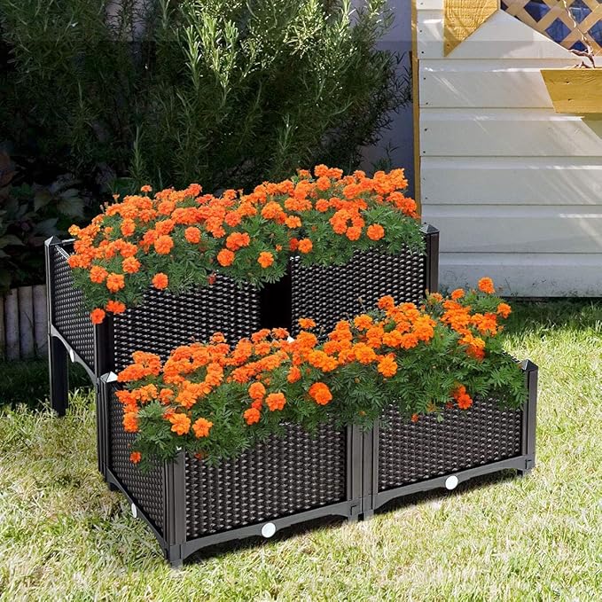 LDAILY LUARANE Raised Garden Bed Kit Outdoor Plastic Planter Box Set of 4 Elevated Garden Beds with Brackets Suitable for Garden Patio Balcony Dining Room