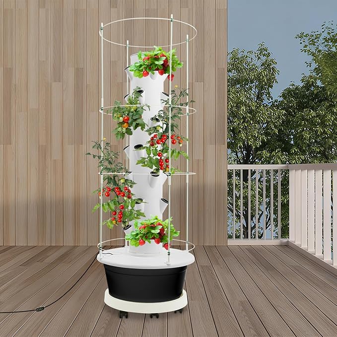 7-Tier Hydroponic Growing Tower 28-Plant Vertical Garden Kit with 7.92Gal Water Tank &amp Climbing Trellis Hydroponic Grow System Kit for Vegetable Strawberry Herb (White &amp Black)