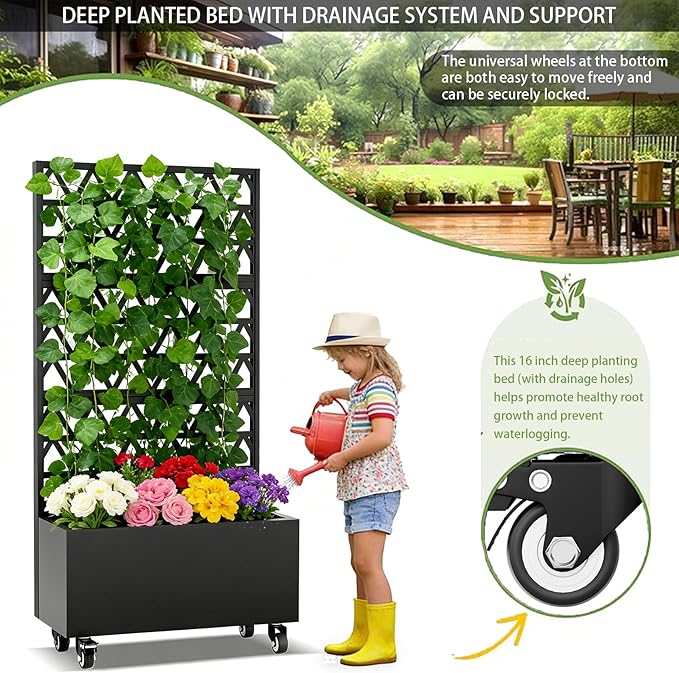 Sturdy 47 Metal Planter Box with Trellis on Wheels Galvanized Steel Raised Garden Bed Privacy Screen 71 Tall Mobile Vertical Garden Planter for Patio Outdoor Climbing Plant Support Black