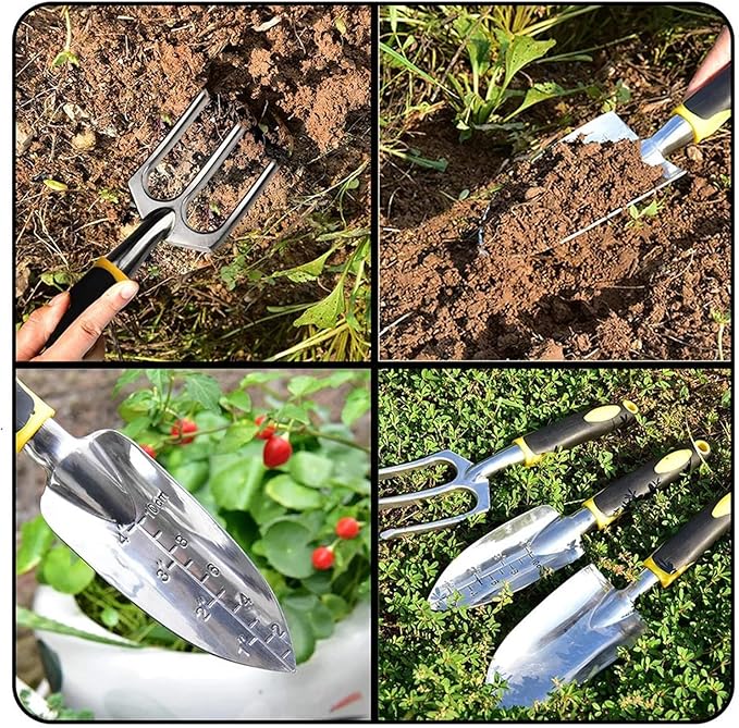 Garden Tool Set 4 Pack with Trowel Cultivator Hand Rake Transplant Gardening Gloves for Weeding Loosening Soil
