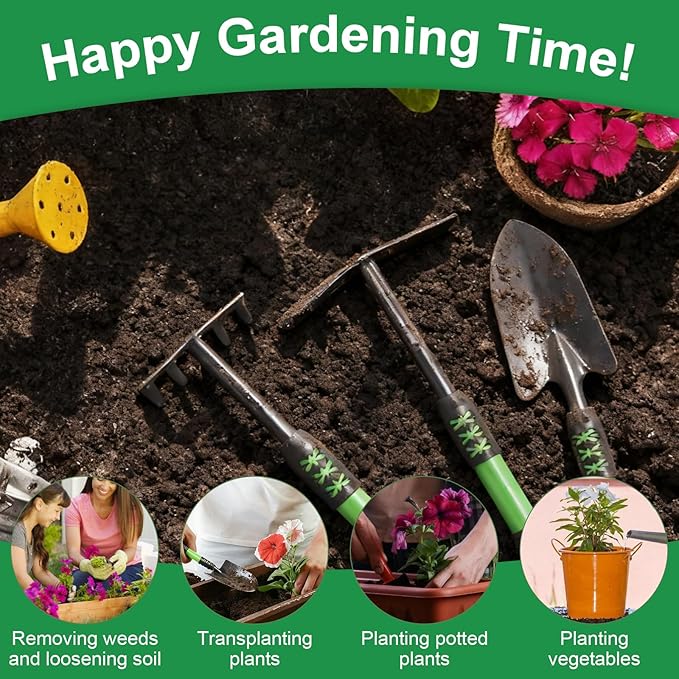 Garden Tool Set 3 Pack Lightweight Heavy Gardening Kit Including Hand Shovel Transplant Shovel and Hand Rake with Soft Rubber Non-Slip Handle for Planting Weeding Digging Green ﻿