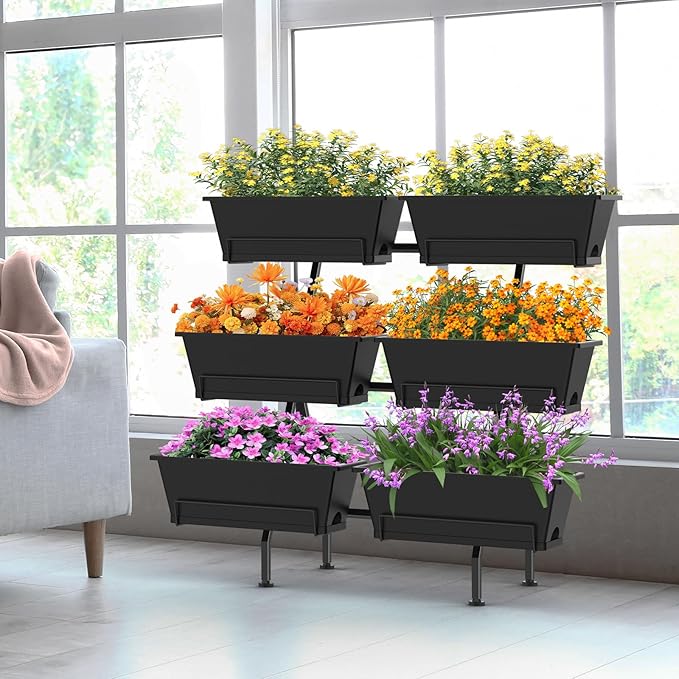 Sunexinlo 3-Tier Vertical Garden Planter with 6 Boxes 31 Tall Raised Garden Bed with Adjustable Feet for Herbs Flowers Vegetables Ideal for Indoor Outdoor Patio Balcony Deck Use Black