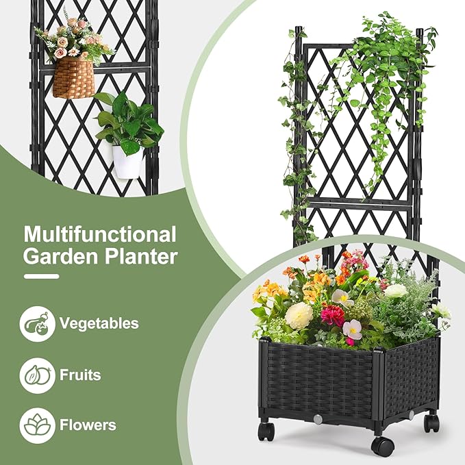 Planter Box with Trellis 4ft Tall Self-Watering Plastic Raised Garden Beds and Lattice Trellis with Lockable Wheels &amp Drain Plug for Outdoor Patio Backyard Balcony Black 1 Pc