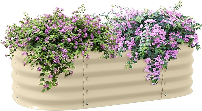 3.4' x 2' x 1' Galvanized Raised Garden Bed Kit Outdoor Metal Elevated Planter Box with Safety Edging Easy DIY Stock Tank for Growing Flowers Herbs Vegetables Cream