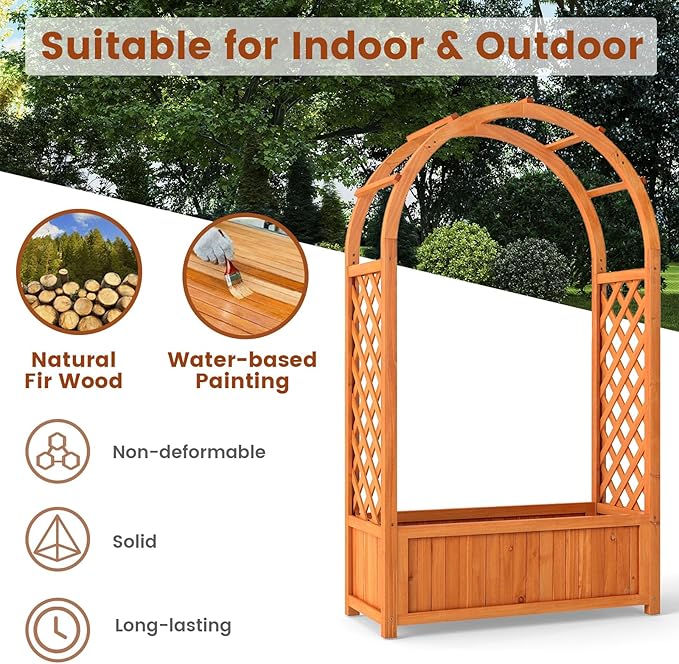 Giantex Set of 2 Raised Garden Bed with Arch Trellis for Climbing Vine Flower Vegetable Wood Planter Box with Liner &amp Drainage Design Outdoor Plant Container for Yard Balcony (33x14x58)