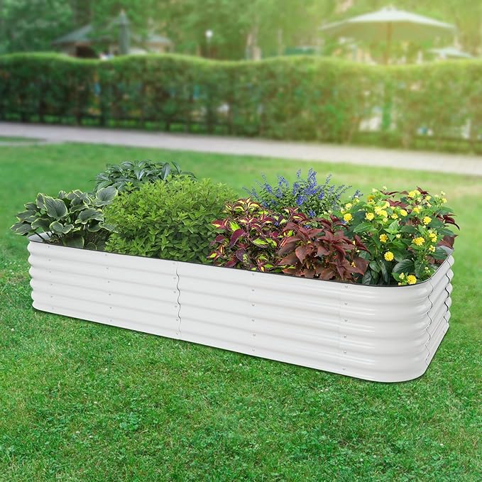 9.4x2x1.4ft Galvanized Raised Garden Bed Kits Oval Large Metal Raised Garden Beds Oval Deep Root Planters for Outdoor Plants Vegetables Flowers Herbs White