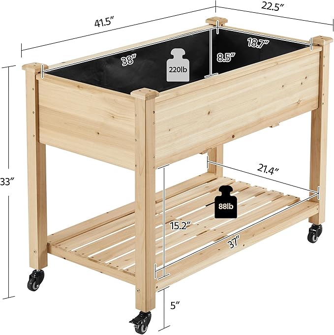 Topeakmart Solid Wooden Raised Garden Bed Vegetable Elevated Planter Kit Grow Gardening Box with Legs Storage Shelf &amp Wheels 42x23x33in