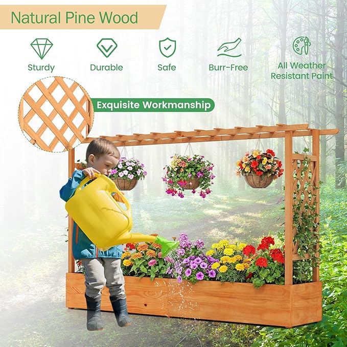 LDAILY Raised Garden Bed with Trellis Above Ground Garden Bed with Hanging Roof Side Trellis &amp 6 Drainage Holes Planter Box for Outdoor Climbing Plants Vines Flowers