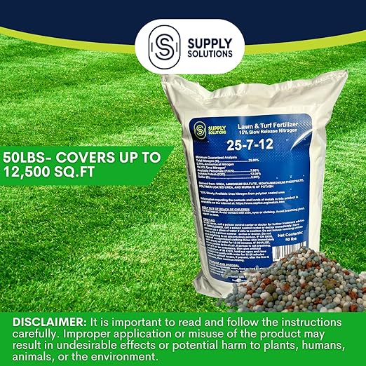 Supply Solutions 25-7-12 Lawn and Turf Fertilizer - 15% Slow Release Nitrogen Lawn Fertilizer for All Grass Types Shrubs - Turf Builder Plant Food Covers 12500 sq.ft (50lbs)
