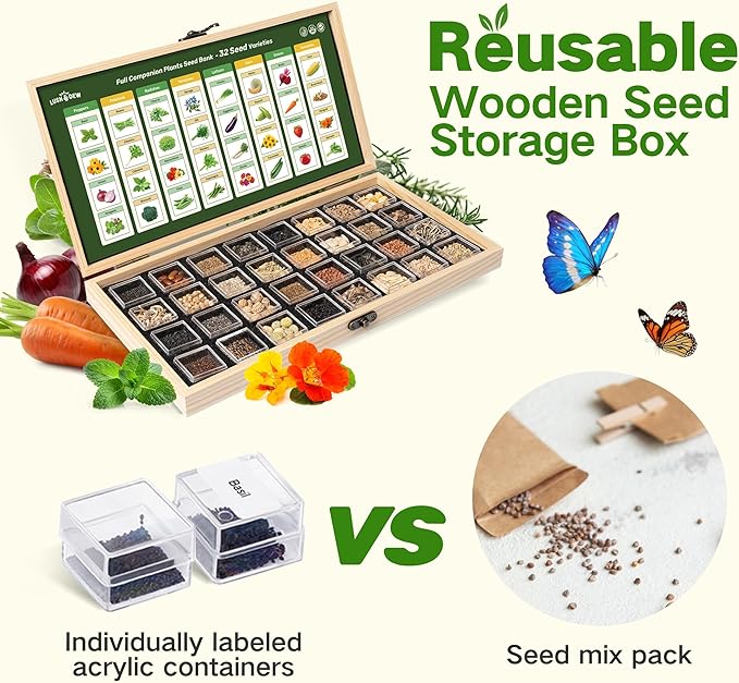Lush&ampDew Companion Plants Heirloom Seed Bank Gardening Gifts for Women &amp Men 32 Varieties 30000+ Non-GMO Vegetable Seeds for Planting in Garden Bed Greenhouse Survival Seed Kit for Food Su