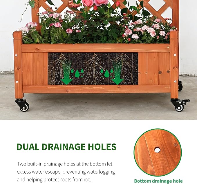 2 Pcs Wooden Planter Boxes with Trellis: Four Universal Wheels for Easy Mobility 37.6 H x 27.5 W x 13 DPerfect for Outdoor Climbing Plants on Patios Balconies &amp Gardens