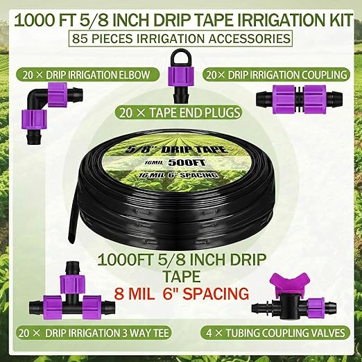 Tondiamo 1000' 5/8 Inch Drip Tape Irrigation Tubing Kit 8 Mil 6 Spacing Garden Hose Watering Tube Line Automatic Equipment for Garden Irrigation System Farms Landscape Lawn