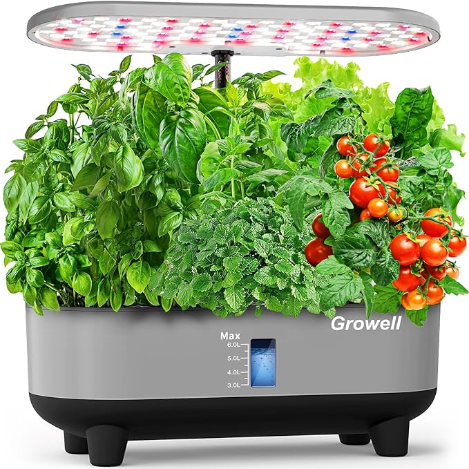 Hydroponics Growing System Kit 16 Pods Indoor Garden with 28W Full Spectrum LED Grow Light Auto Timer 3 Smart Light Modes 8L Large Herb Garden Ideal Gardening Gift for Women Men (Gray)