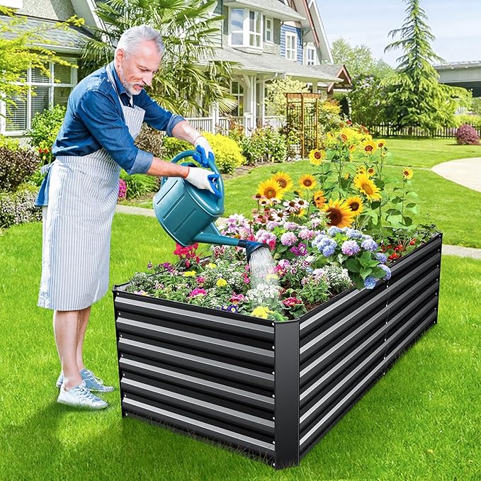 TEANDE 6x3x2FT Raised Garden Bed Kit Galvanized Planter Raised Garden Boxes Outdoor w/Anti Cutting Strip &amp A Pair of Gloves Deep Root Raised Planter for Vegetables Fruits Flowers and Herbs Bl