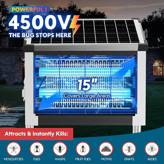 Solar Bug Zapper Outdoor PhatroyYee Mosquito Zapper 4500V Waterproof Portable Fly Zapper Rechargeable Electric Mosquito Killer Cordless Fly Insect Mosquitos Trap for Patio Yard Home Camping(White)