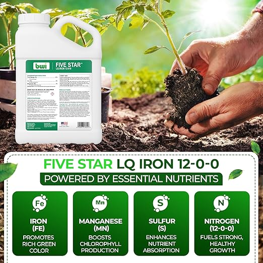 LQ Iron 12-0-0 Liquid Fertilizer for Rapid Green-Up &amp Chlorosis Correction - Perfect Nitrogen Fertilizer with 6% Iron 2% Manganese &amp Low pH for Turf Trees &amp Ornamentals - 1 Gallon