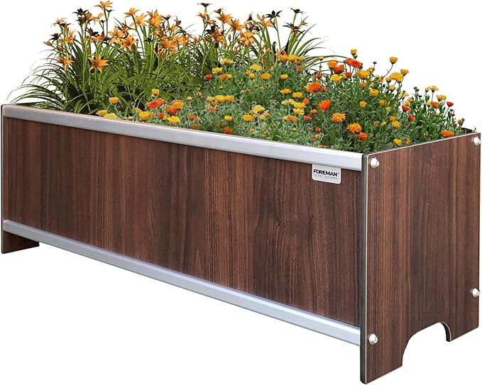 Foreman Raised Garden Bed 10 Year Warranty 36”Lx12”Wx14”H Premium Plastic Wood Grain Aluminum Frame Elevated Planter Box for Backyard Patio Balcony Tosca