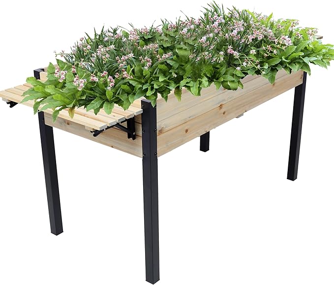 Raised Garden Bed Metal Leg Wood Planter Boxes with Folding Storage ShelfElevated Planter Box for Growing Fresh Herbs Vegetables Flowers Great for Outdoor Patio Deck Balcony (Black+Natural)