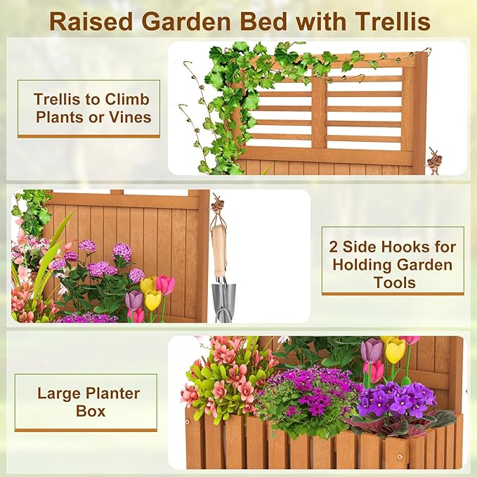 HAPPYGRILL Raised Garden Bed Wooden Planter w/Trellis &amp Privacy Screen for Hanging Pot Plants Outdoor Elevated Planter Box w/Slatted Bottom &amp 2 Side Hooks for Balcony Patio Garden (2)