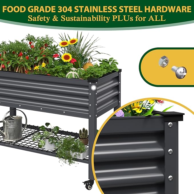 VEIKOU 48 x 24 x 34in Galvanized Steel Raised Garden Bed for Outdoor with Shelf and Casters Drainage Holes Steel Planter Box for Gardening Vegetable Flower Herb 507 lbs Capacity Gray