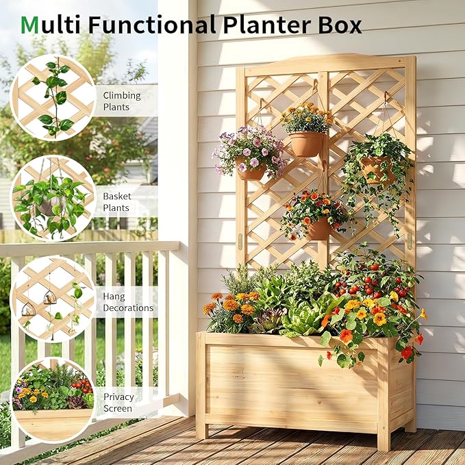 SUNYRISY Raised Garden Bed with Trellis for Climbing Plant Outdoor 59x30x16 Wooden Vertical Planter Box with Privacy Screen for Gardening Vine Flowers Vegetables