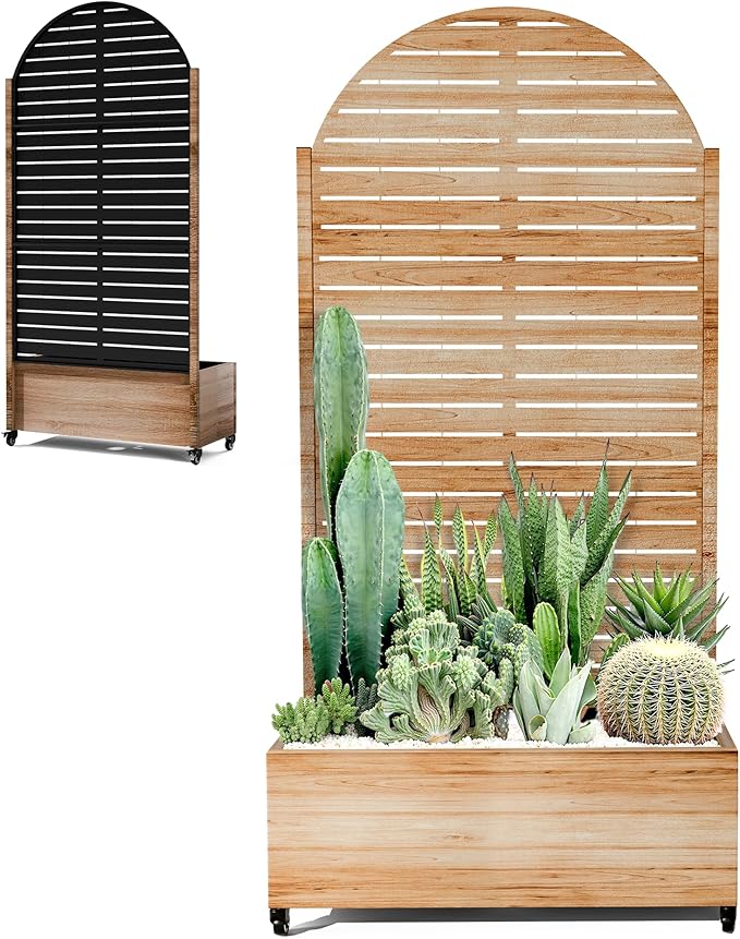 Metal Planter Box with Trellis for Patio Privacy Planter with Trellis Standing Planters Boxes with Privacy Screen Drainage Holes for Climbing Plants (35 L Arch White Wood Grain)