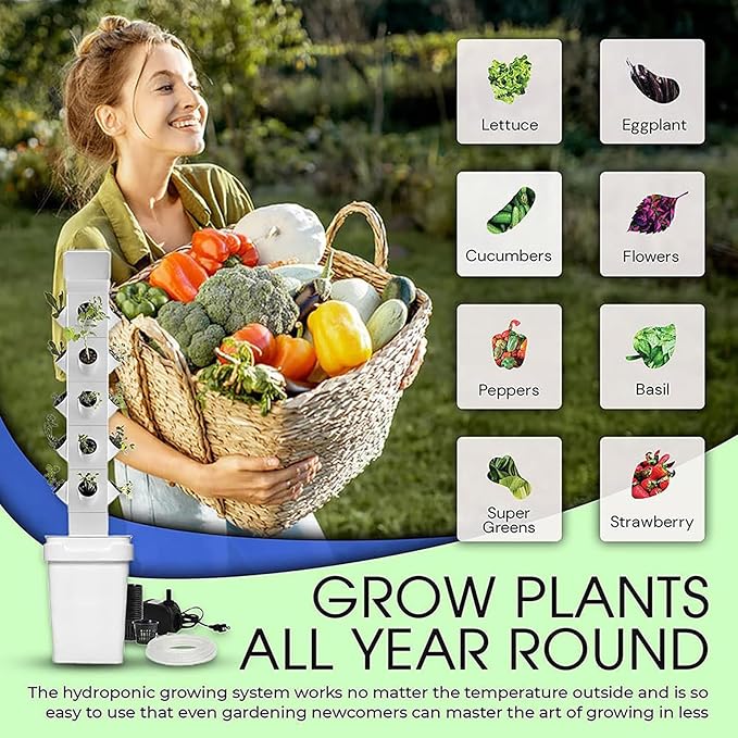 Vertical Hydroponics Growing System - 24 Pods Smart Garden Planter Kit with Pump Timer &amp Net Pots - Aeroponics Tower for Herbs &amp Vegetables Germination