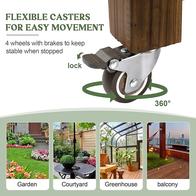 Cedar Wood Outdoor Raised Garden Bed Planter Box with Locking Wheels 41x21x20 inch Carbonization Color