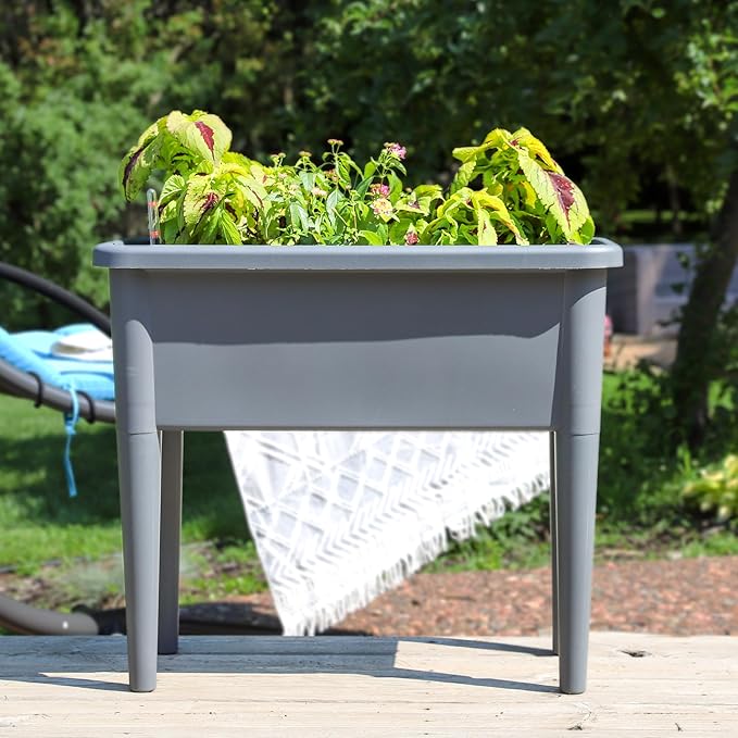 Sunnydaze Self-Watering Raised Garden Bed with Cover - Includes Water Tube - Polypropylene Construction - Gray