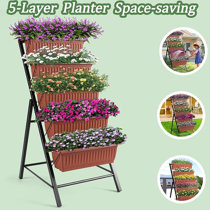 TEANDE Vertical Raised Garden Bed 5-Tier Elevated Planter Box w/Drainage System &amp 4 Hooks for Herbs Vegetables Flowers Vertical Garden Planter for Patio Yard Indoor Outdoor