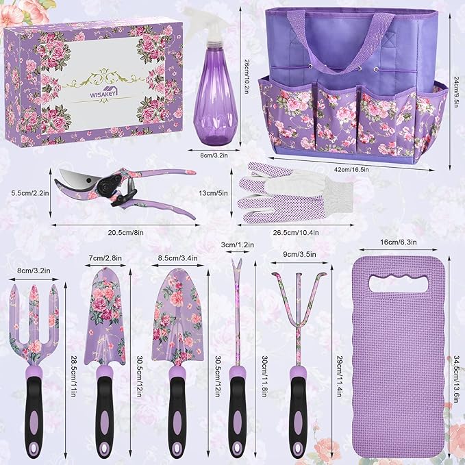 Gardening Tools WisaKey 10 Piece Heavy Duty Purple Garden Tool Set Durable Garden Supplies Organizer Bag Garden Hand Tools Grandmother Granny Valentine's Gift for Woman