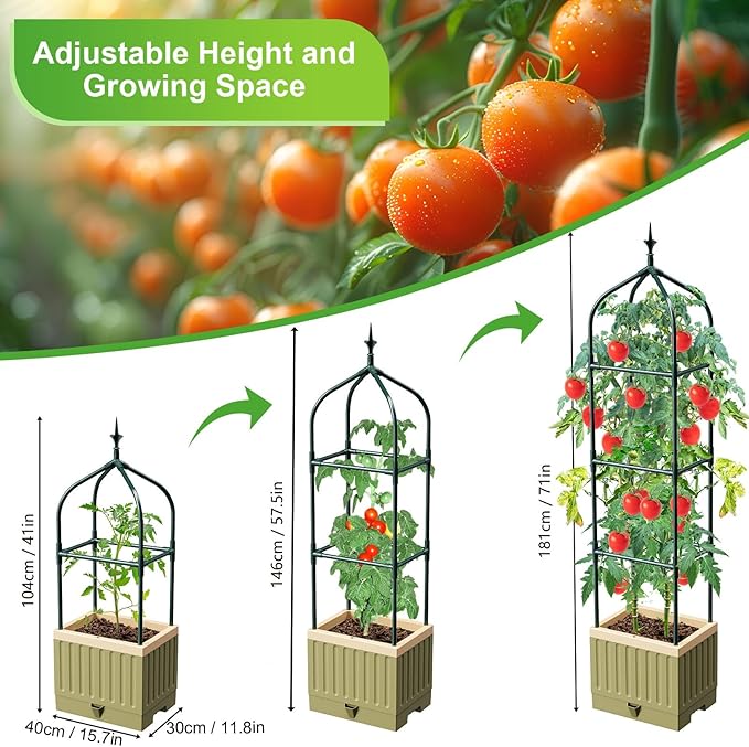 Raised Garden Bed Planter Box with Trellis 71 Self-Watering Tomato Planter with Wheels for Climbing Vegetable and Plants Tomato Cage Planters for Indoor Outdoor Patio Greenhouse Gardening (1Pack)