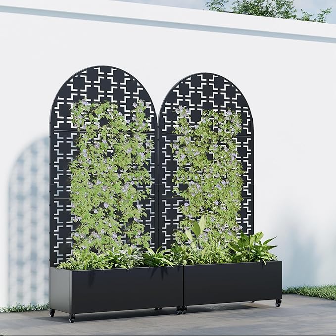 Casaphoria 72x35 Metal Raised Garden Bed with Trellis(2 Pack)Outdoor Planter Box with Wheels &amp Drainage Holes for Climbing Plants FlowersElevated Garden Kit Black-Square-Arched