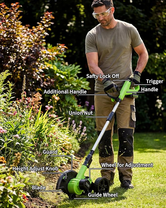 20V Cordless Lawn Edger 9-Inch Blade 4.0Ah Battery Powered Edger Lawn Tool with Dual Wheels 3 Depth Settings LawnTrencher for Yard Garden Patio Driveway Lawn and Sidewalk