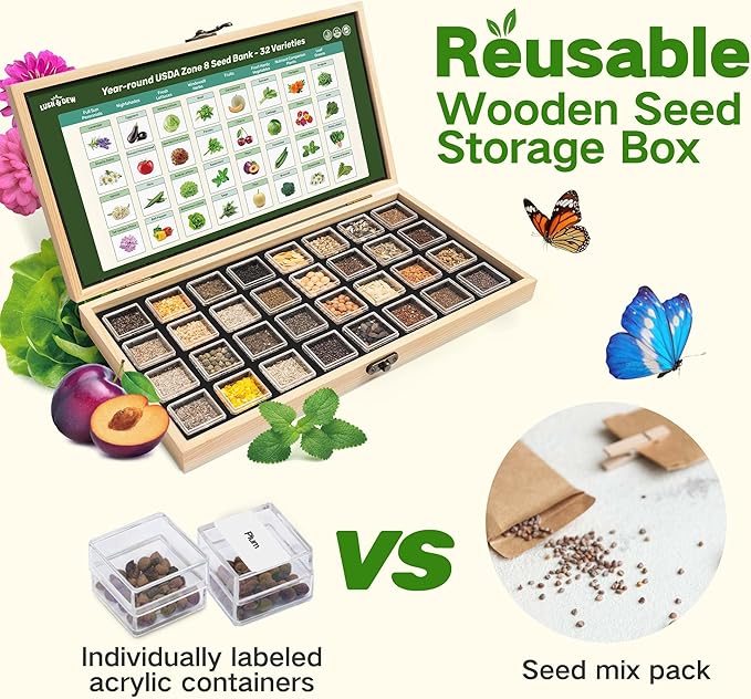 USDA Zone 8 Heirloom Seed Bank 30000+ Non-GMO 32 Varieties of Seeds for Planting Vegetables Herbs Survival Seed Kit for Raised Garden Bed Greenhouse Gardening Gifts for Mom Women Men