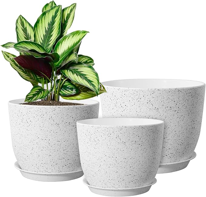 WOUSIWER Plant Pots 10/9/8 inch Set of 3 Modern Decorative Plastic Planters with Drainage Holes and Saucers for House Plants Indoor Flowers Plants White Speckles