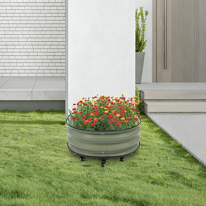 Metal Raised Garden Bed with Wheels and Removable Base 60x60x30cm Elevated Planter Box for Vegetables Flowers Round Iron Outdoor Gardening Container with Drainage Holes