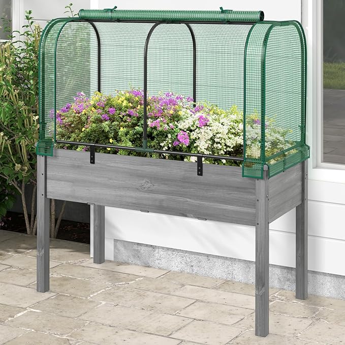 Happygrill Raised Garden Bed with Greenhouse Cover Raised Bed with Legs &amp Drainage Holes for Herbs Vegetables Outdoor Wood Elevated Planter Box for Patio Backyard Balcony (Green+Grey)