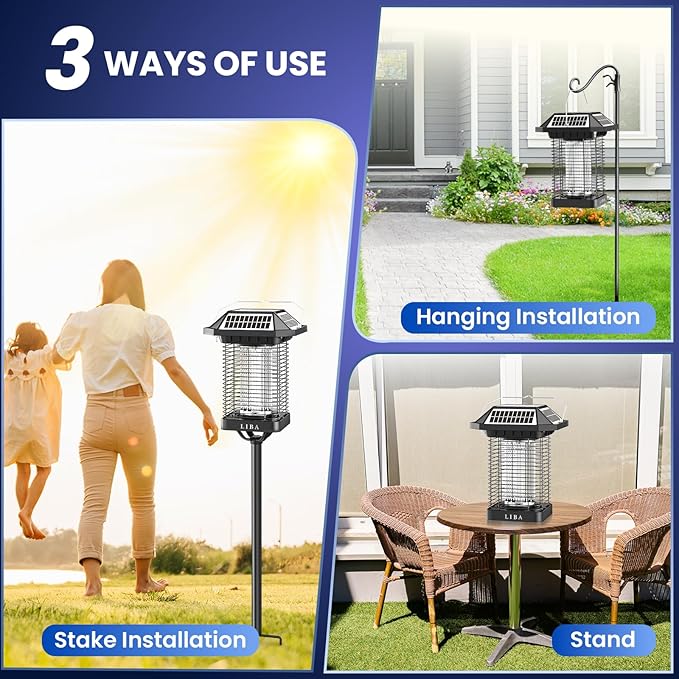 LiBa Solar Bug Zapper Outdoor 2 in 1 Mosquito Zapper Cordless &amp Rechargeable Solar Insect Killer Lamp 3500V Mosquito Catcher Decor Light for Patio Garden Backyard