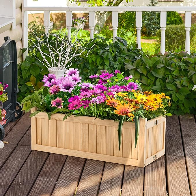 S AFSTAR Outdoor Wooden Planter Box Folding Raised Garden Bed W/Drainage Hole Patio Rectangle Plant Container for Flowers Vegetables Fruits Herbs Collapsible Planting Box for Yard
