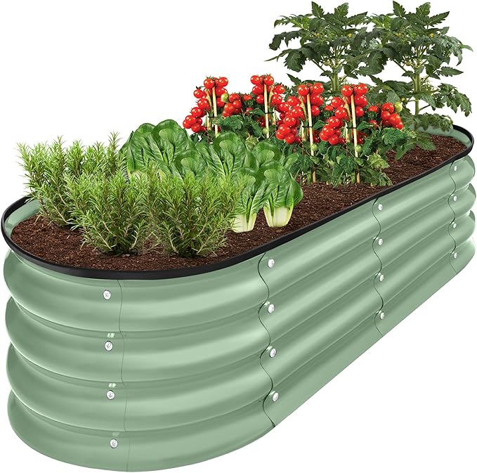 Best Choice Products 4x2x1ft Outdoor Metal Raised Garden Bed Oval Deep Root Planter Box for Vegetables Flowers Herbs and Succulents w/ 51 Gallon Capacity Rubber Edge Guard - Sage Green