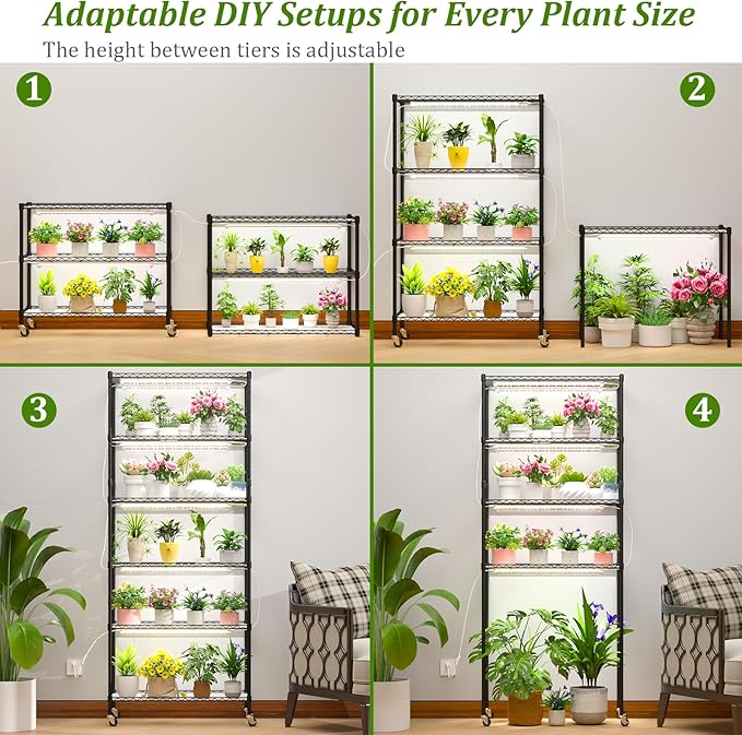 Plant Stand with Grow Light 6-Tier DIY Plant Shelf with Grow Lights for Seedlings Greenhouse Indoor 8 Pack 5000K 192W LED Full Spectrum Growing Lamp with Rack Wheel 29x13.5x73.5
