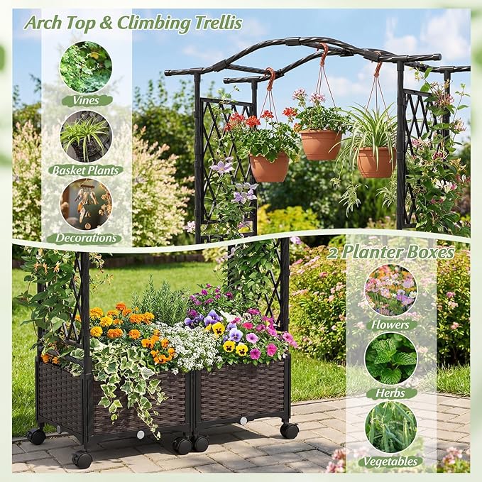 Giantex Planter Boxes with Arch Trellis 5FT Self-Watering Tall Raised Garden Bed w/Wheels Hanging Roof &amp Drainage Holes Outdoor Indoor Tomato Planter for Climbing Vines Vegetables Flowers