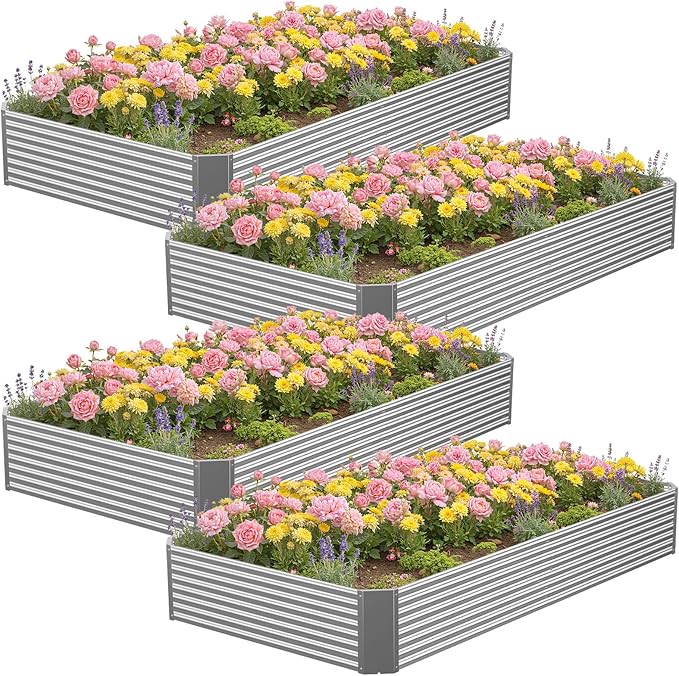 4 Pcs 8 x 4 FT Galvanized Steel Raised Garden Bed for Outdoor Gardening Durable Metal Planter Box for Vegetables Herbs and Flowers Easy Assembly &amp Rust Resistant