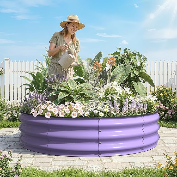 Kesfitt Round Raised Garden Bed 4x4x1 FT Galvanized Steel Metal Garden Bed Open-Bottom Design 12-Inch Deep Outdoor Raised Garden Bed for Vegetables &amp Herbs Lavender Purple