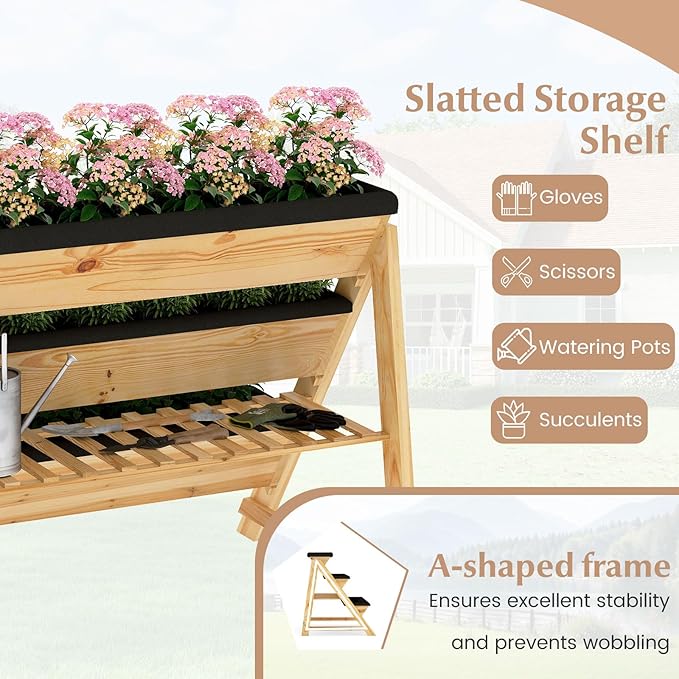 Giantex 3-Tier Vertical Raised Garden Bed Wood Elevated Planter Box with Legs Storage Shelf Liners for Growing Vegetables Herbs Flowers Indoor Outdoor Freestanding Raised Bed for Patio (Natural)