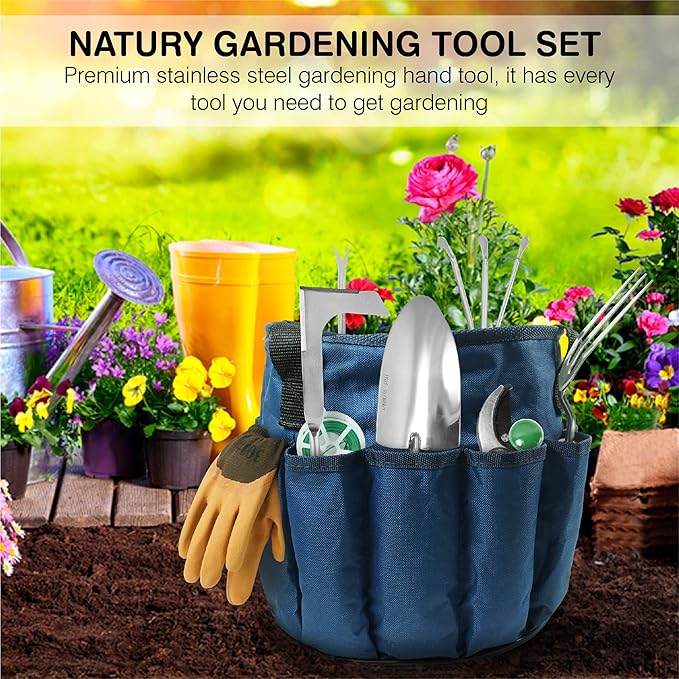 Garden Tools Set – Premium Stainless Steel Gardening Hand Tools with Solid Beechwood Handle – Gardening Kit with Rake Shovel Gloves Shears Tool Organizer – Garden Gifts for Women and Men