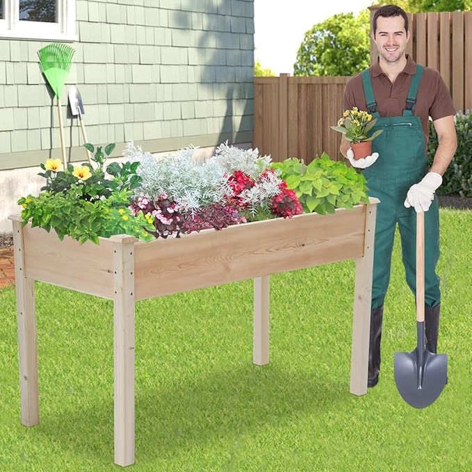 Fir Wooden Raised Garden Bed with Legs Elevated Planter Box Outdoor Growing Bed with Liner &amp Drain Holes for Vegetable Flower Herb 49Lx24Wx30H